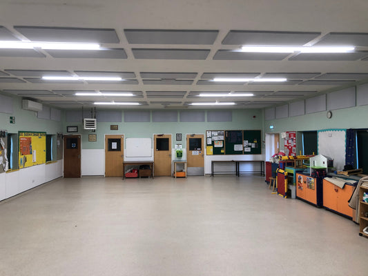 Hall with acoustic panels installed to reduce reverberation