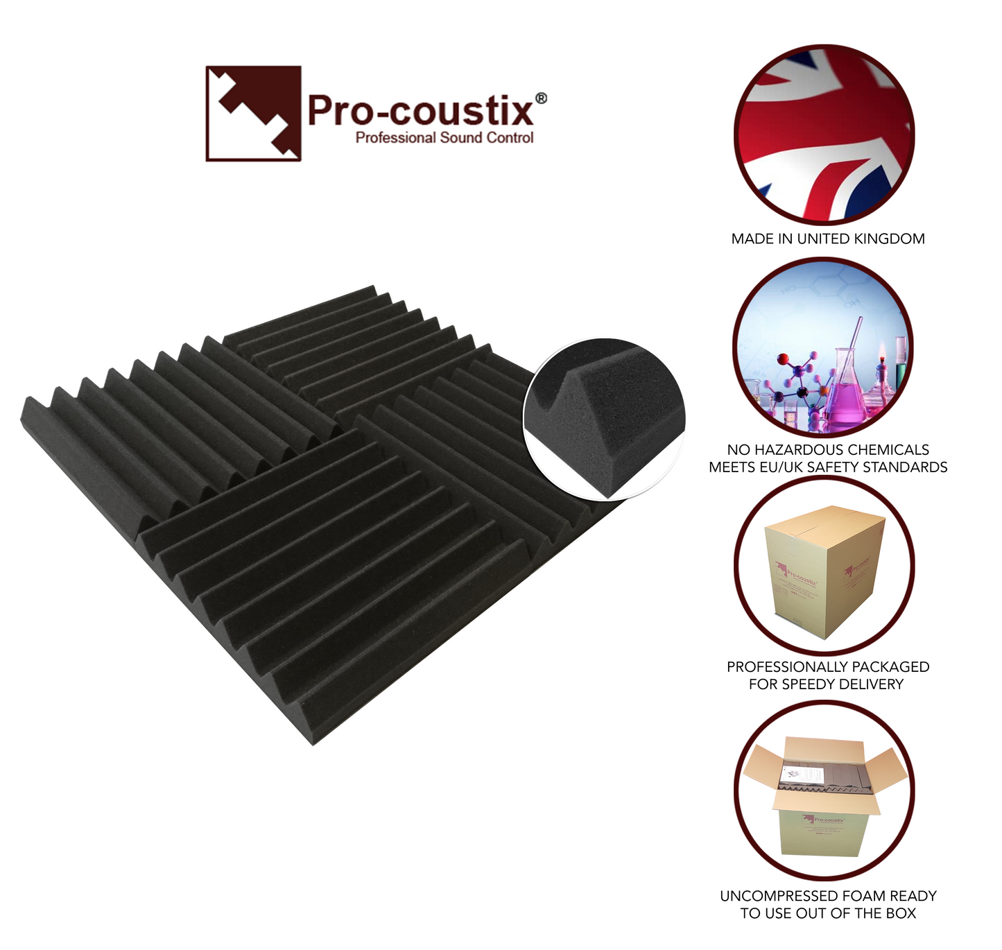 24 Pack Pro-coustix Ultraflex Wedge acoustic foam tiles 300x300mm Dark Grey